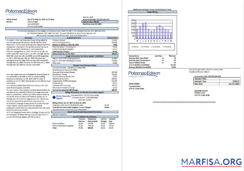 Downloadable USA Maryland Potomac Edison utility bill, Word and PDF template, 2 pages